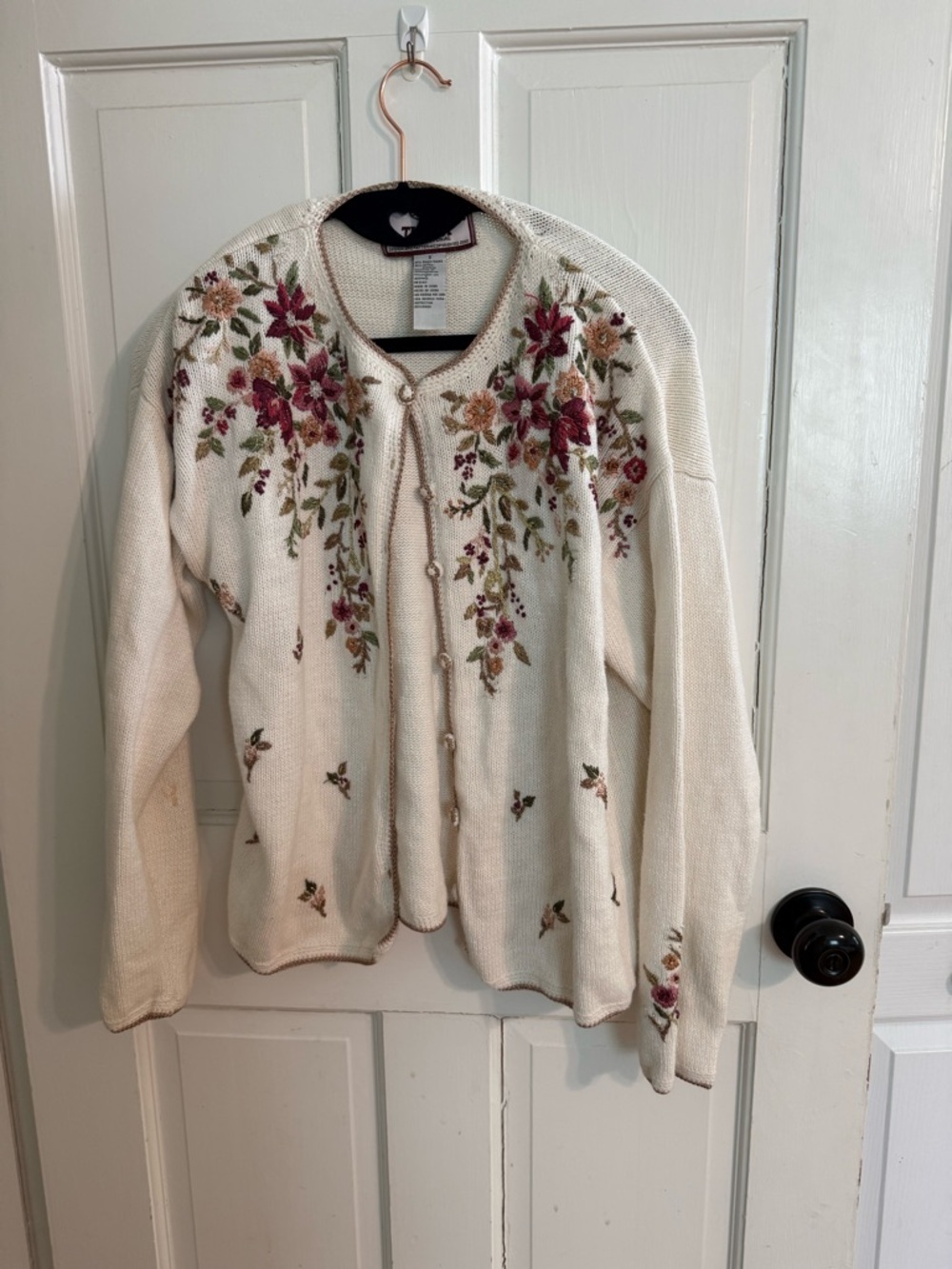 Cream Floral Embroidered Cardigan Cottagecore Button Front Sweater Size Small